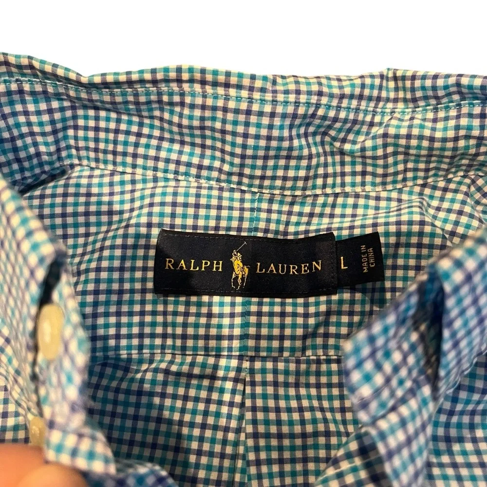 Ralph‎ Lauren Men Large Blue Purple Plaid Long Sleeve Shirt Oxford Button Front